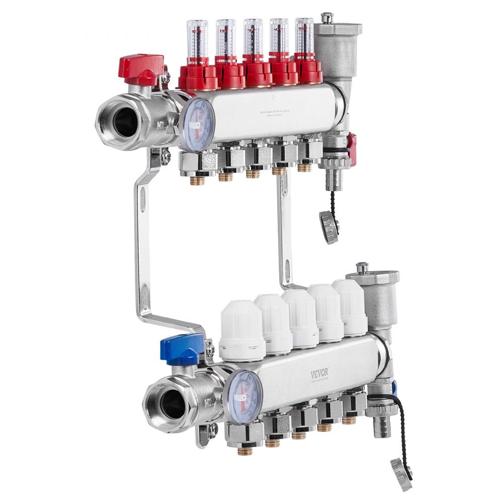 VEVOR 5-Branch Radiant Heat Manifold, 1/2" PEX Tubing Manifold, Stainless Steel PEX Manifold for Hydronic Radiant Floor Heating, Radiant Heat PEX Manifold Kit with 1/2" Adapters Included