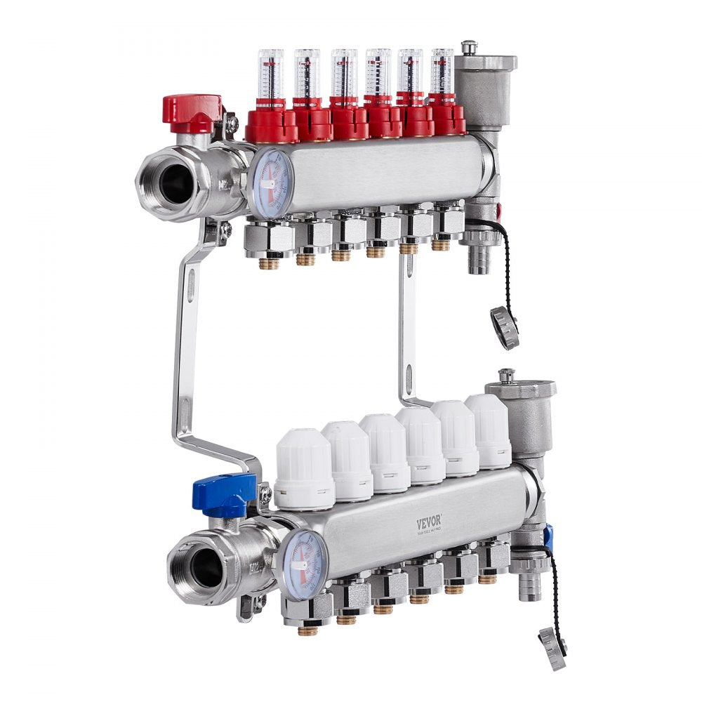 VEVOR 6-Branch Radiant Heat Manifold, 1/2" PEX Tubing Manifold, Stainless Steel PEX Manifold for Hydronic Radiant Floor Heating, Radiant Heat PEX Manifold Kit with 1/2" Adapters Included