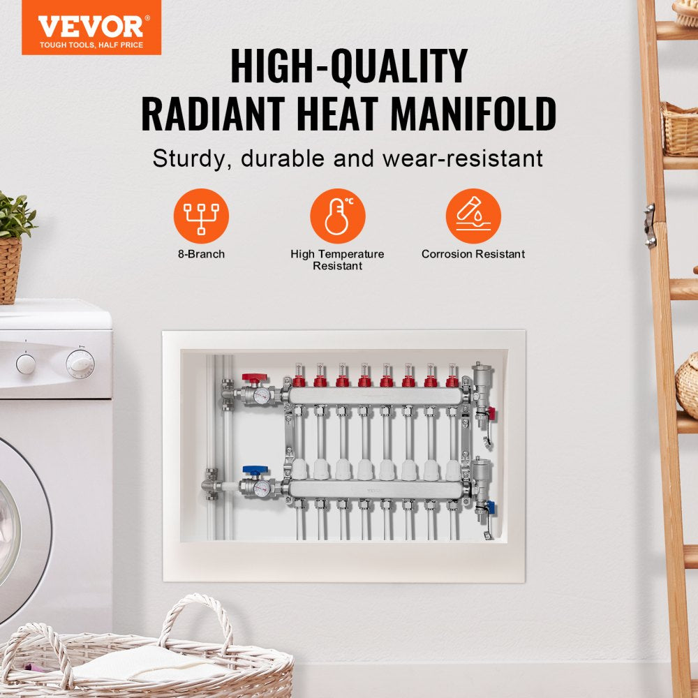 VEVOR 8-Branch Radiant Heat Manifold, 1/2" PEX Tubing Manifold, Stainless Steel PEX Manifold for Hydronic Radiant Floor Heating, Radiant Heat PEX Manifold Kit with 1/2" Adapters Included