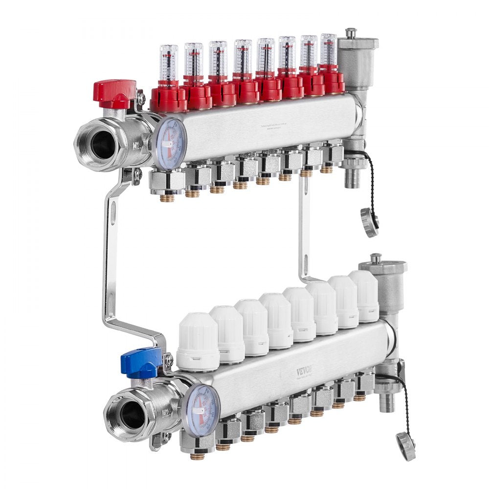 VEVOR 8-Branch Radiant Heat Manifold, 1/2" PEX Tubing Manifold, Stainless Steel PEX Manifold for Hydronic Radiant Floor Heating, Radiant Heat PEX Manifold Kit with 1/2" Adapters Included