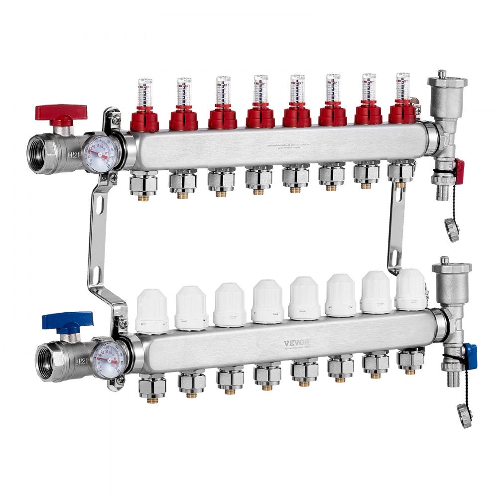 VEVOR 8-Branch Radiant Heat Manifold, 1/2" PEX Tubing Manifold, Stainless Steel PEX Manifold for Hydronic Radiant Floor Heating, Radiant Heat PEX Manifold Kit with 1/2" Adapters Included