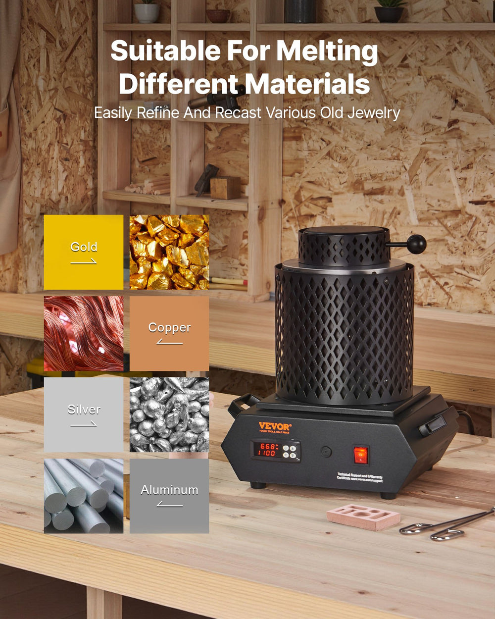 VEVOR Gold Melting Furnace, 1350W, 2102 ℉, PID Digital Electric Melting Furnace with 1 kg and 3 kg Ceramic Crucibles, Insulated Gloves, Crucible Tongs and Tray, for Gold, Silver, Aluminum, Copper