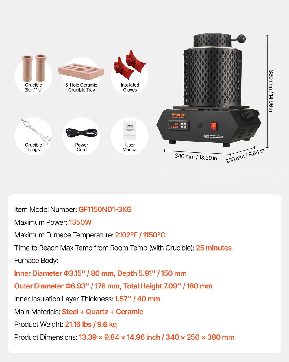 VEVOR Gold Melting Furnace, 1350W, 2102 ℉, PID Digital Electric Melting Furnace with 1 kg and 3 kg Ceramic Crucibles, Insulated Gloves, Crucible Tongs and Tray, for Gold, Silver, Aluminum, Copper