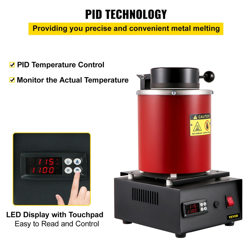 VEVOR Gold Melting Furnace, 1350W, 2102 ℉ Max Temperature, 3 kg Digital Electric Melting Furnace, with 1 kg and 3 kg Ceramic Crucible and Ingot Die for Processing of Gold, Silver, Aluminum, Copper