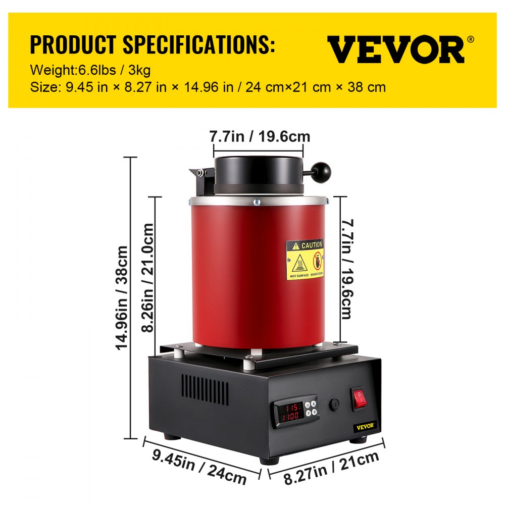 VEVOR Gold Melting Furnace, 1350W, 2102 ℉ Max Temperature, 3 kg Digital Electric Melting Furnace, with 1 kg and 3 kg Ceramic Crucible and Ingot Die for Processing of Gold, Silver, Aluminum, Copper