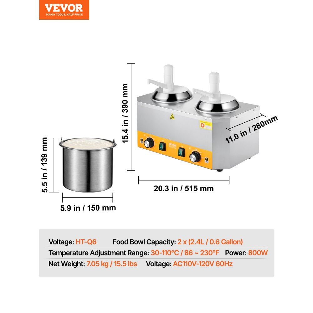 VEVOR Electric Cheese Dispenser with Pumps, 2.4x2 L Commercial Hot Fudge Warmer, Plastic Double Pumps Dispenser, 86-230℉ Temp Adjustable Nacho Cheese Sauce Warmer, for Hot Fudge Cheese Caramel