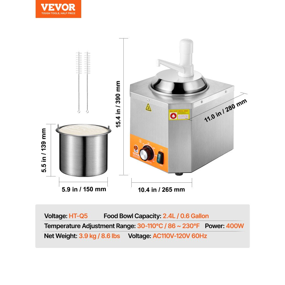 VEVOR Electric Cheese Dispenser with Pump, 2.4L Commercial Hot Fudge Warmer, Plastic Pump Dispenser, 86-230℉ Temp Adjustable Nacho Cheese Sauce Warmer, for Hot Fudge Cheese Caramel