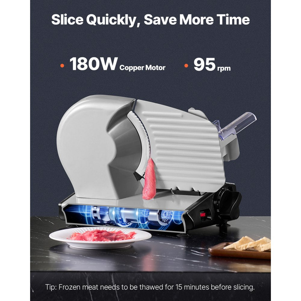 VEVOR Meat Slicer, 8.7 inch Electric Deli Food Slicer, 180W Meat Cutter with Two Premium SUS420 Blades, 0-0.6 inch Adjustable Thickness, Food Slicer Machine for Meat, Hard Bread and Cheese, Home Use