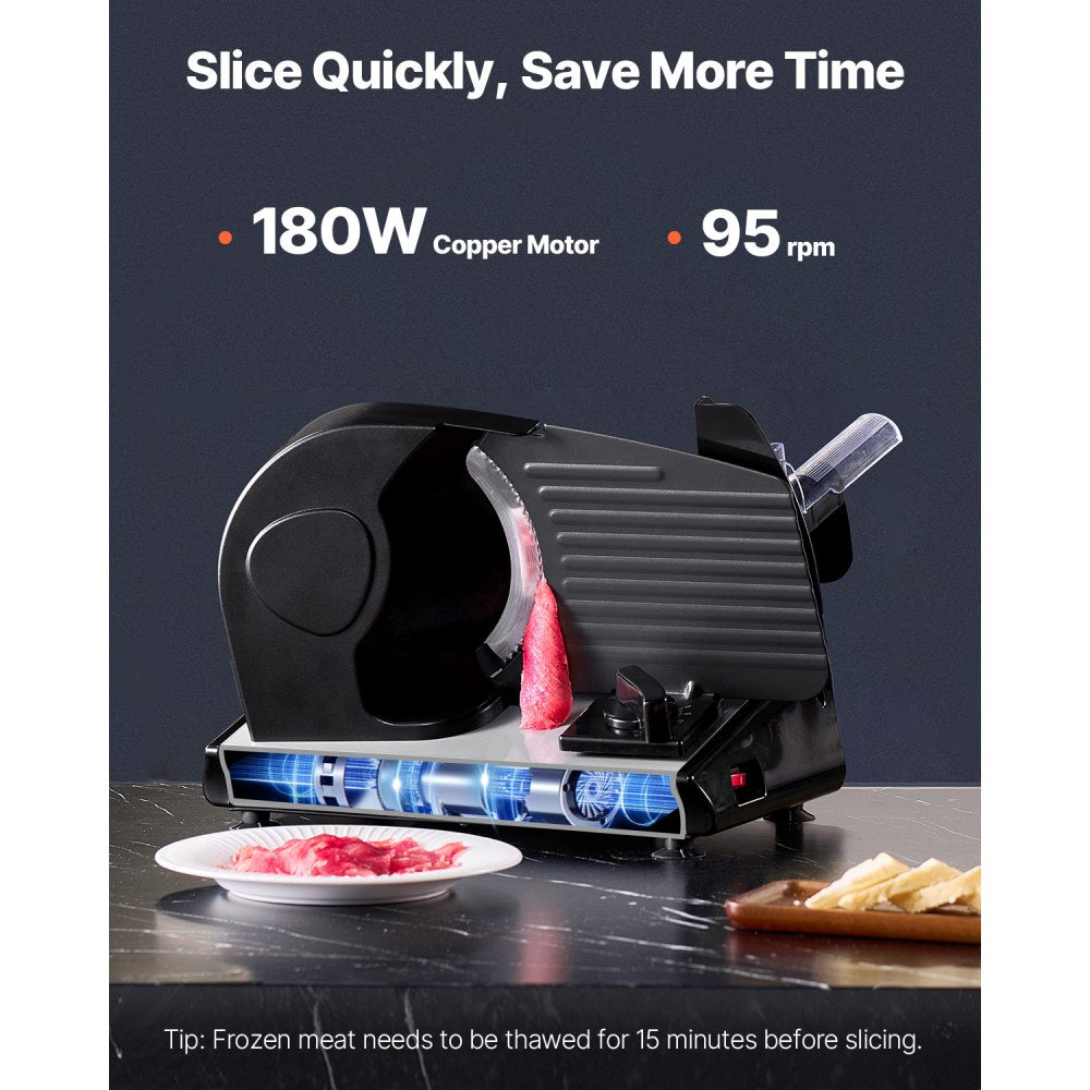 VEVOR Meat Slicer, 7.5 inch Electric Deli Food Slicer, 180W Meat Cutter with two Premium SUS420 Blades, 0-0.6 inch Adjustable Thickness, Food Slicer Machine for Meat, Hard Bread and Cheese, Home Use