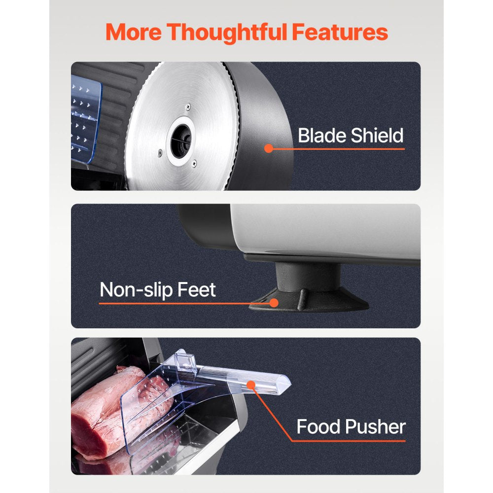 VEVOR Meat Slicer, 7.5 inch Electric Deli Food Slicer, 180W Meat Cutter with two Premium SUS420 Blades, 0-0.6 inch Adjustable Thickness, Food Slicer Machine for Meat, Hard Bread and Cheese, Home Use