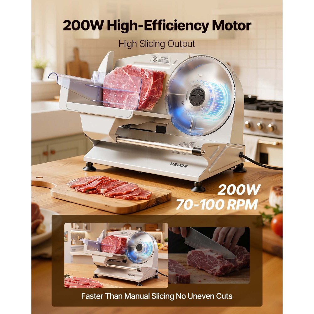 VEVOR Meat Slicer, 7.5" Electric Deli Slicer with 2 SUS420 Blades & 0-0.6" Adjustable Thickness, 200W Home Food-Slicer for Frozen Meat, Ham, Baguett, Steak, UL Approved