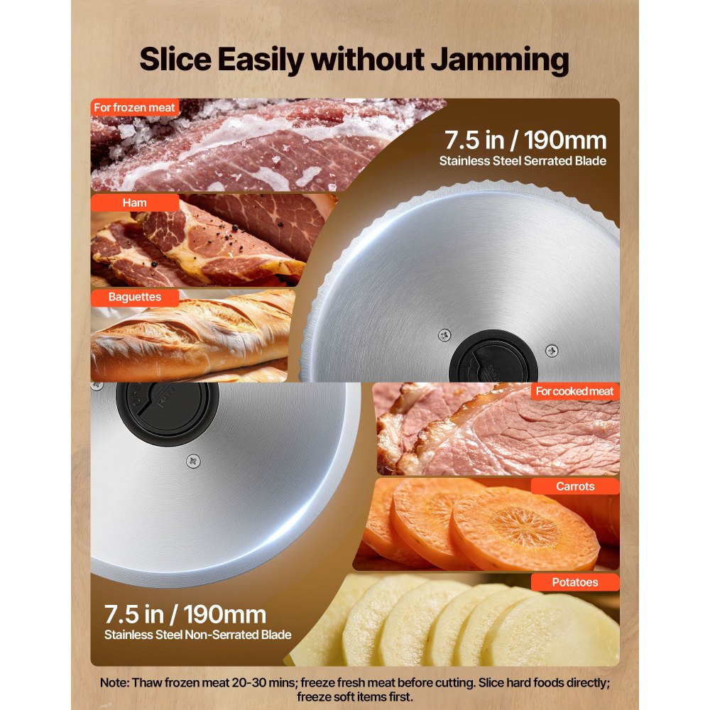 VEVOR Meat Slicer, 7.5" Electric Deli Slicer with 2 SUS420 Blades & 0-0.6" Adjustable Thickness, 200W Home Food-Slicer for Frozen Meat, Ham, Baguett, Steak, UL Approved