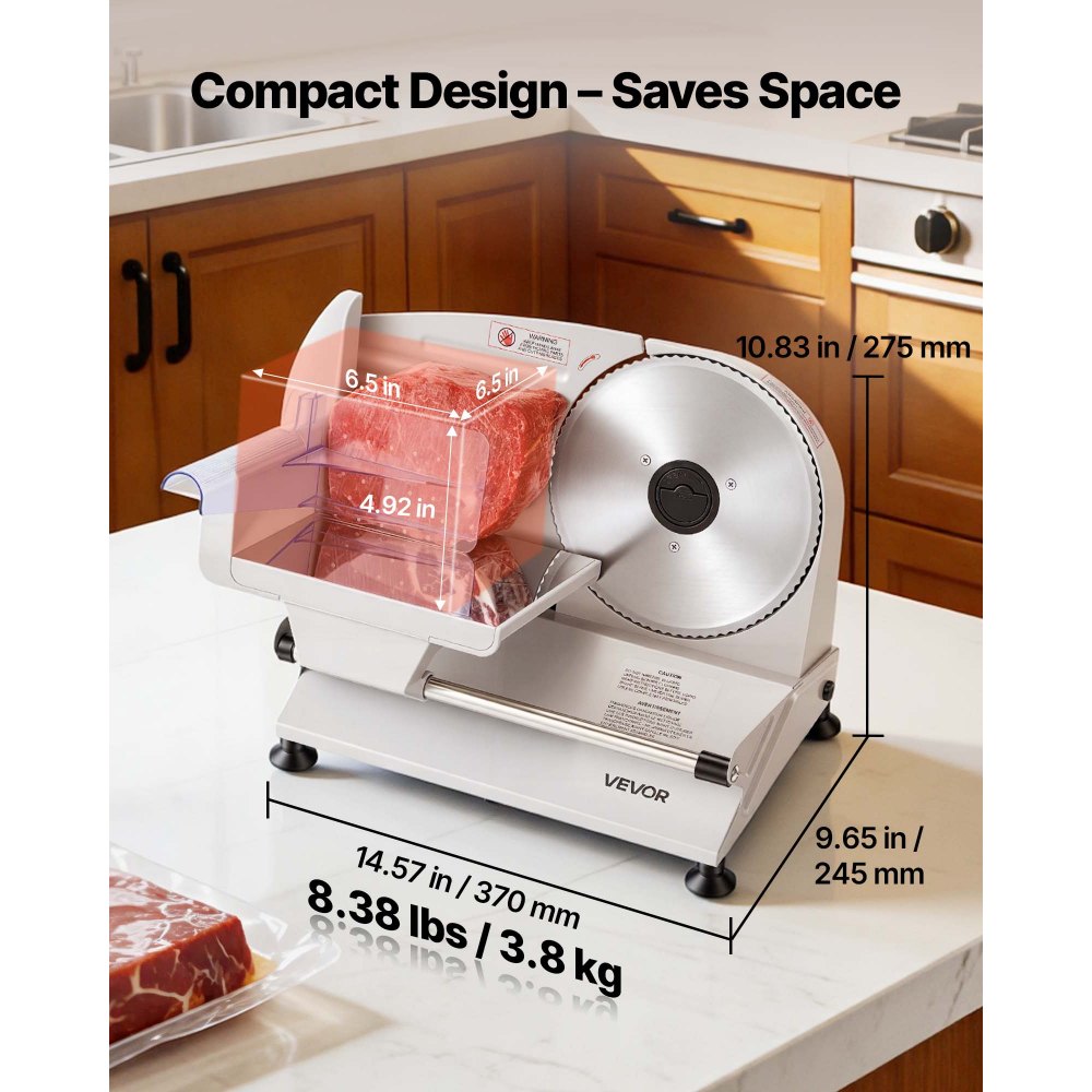 VEVOR Meat Slicer, 7.5" Electric Deli Slicer with 2 SUS420 Blades & 0-0.6" Adjustable Thickness, 200W Home Food-Slicer for Frozen Meat, Ham, Baguett, Steak, UL Approved