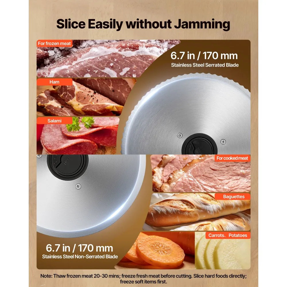 VEVOR Meat Slicer, 6.7 inch 150W Electric Deli Slicer Machine with two SUS420 Blades,  0-0.6 inch Adjustable Thickness, ETL Certified Home Food-Slicer for Meat, Ham, Baguett, Steak, ETL Approved