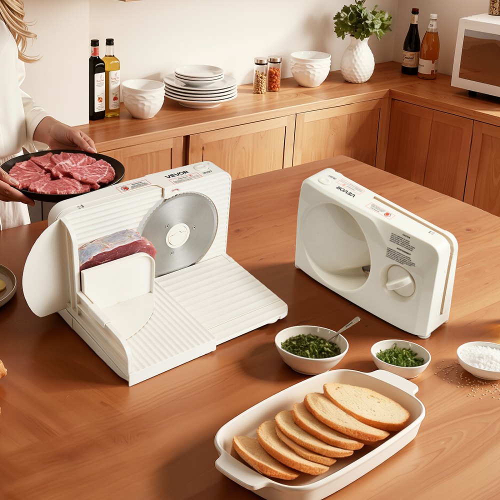 VEVOR Meat Slicer, 6.7" Foldable Electric Cutter with Dual Security Lock, 0-0.59" Adjustable Thickness, Easy to Clean, 180W Home Food-Slicer for Frozen Meat, Ham, Baguett, Steak