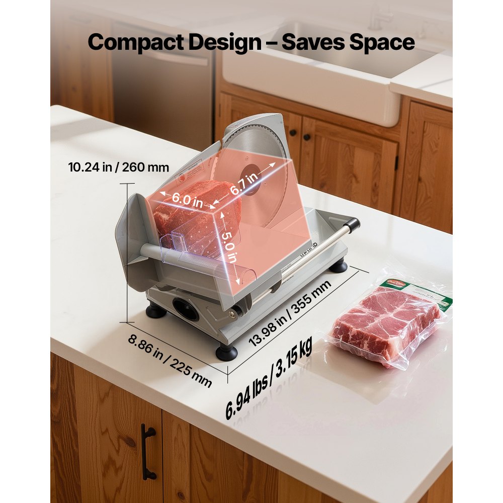 VEVOR Meat Slicer, 6.7 inch 150W Electric Deli Slicer Machine with two SUS420 Blades,  0-0.6 inch Adjustable Thickness, ETL Certified Home Food-Slicer for Meat, Ham, Baguett, Steak