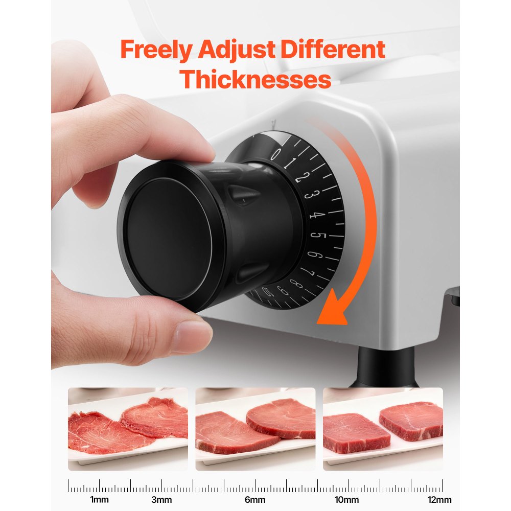 VEVOR Commercial Meat Slicer, 300W Electric Cutter, Removable 10" Carbon Steel Blade and Food Tray, 0-0.47" Adjustable Thickness Food Slicer Machine,for Frozen Meat, Ham, Baguett, Steak, ETL Approved