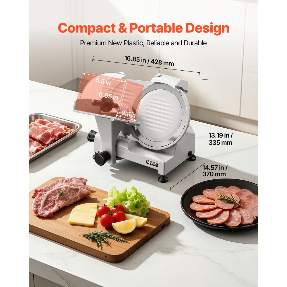 VEVOR Commercial Meat Slicer, 300W Electric Cutter, Removable 10" Carbon Steel Blade and Food Tray, 0-0.47" Adjustable Thickness Food Slicer Machine,for Frozen Meat, Ham, Baguett, Steak, ETL Approved