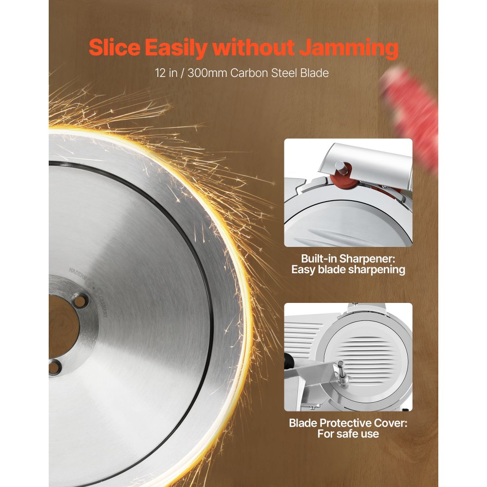VEVOR Commercial Meat Slicer, 400W Electric Cutter, Removable 12" Carbon Steel Blade and Food Tray, 0-0.59" Adjustable Thickness Food Slicer Machine, for Frozen Meat, Ham, Baguett, Steak, ETL Approved