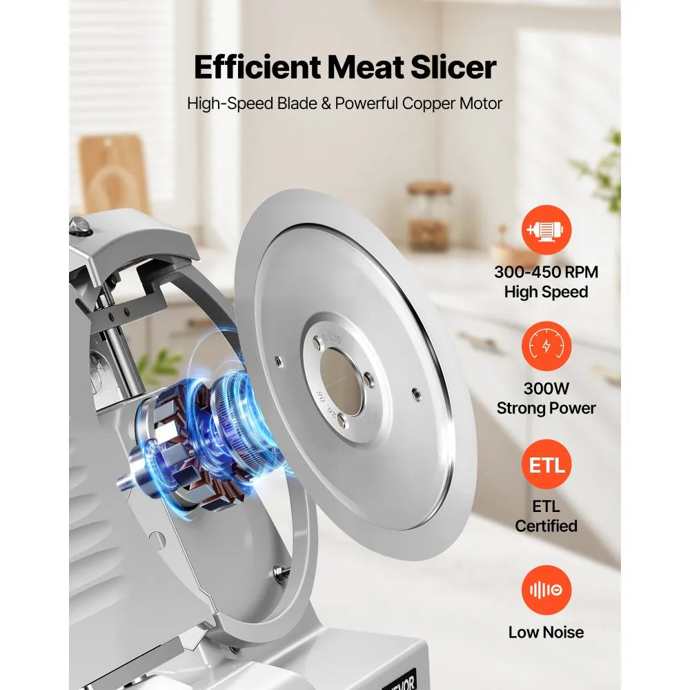 VEVOR Commercial Meat Slicer 300W Electric Cutter 8.7" Carbon Steel Blade, Food Slicer Machine with Removable Blade and Food Tray, 0-0.5" Adjustable Thickness ,for Frozen Meat, Ham, Baguett, Steak