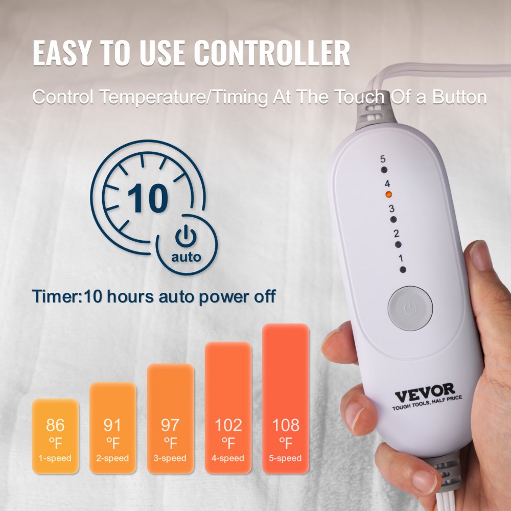 VEVOR Heated Mattress Pad, 39 x 75 in, Electric Bed Warmer with 1-5 Heat Settings Control, 10-Hour Auto Shut Off, Machine-Wash Breathable Coral Fleece Heating Electric Mattress Sheets, White
