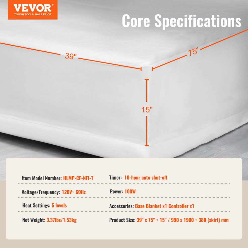 VEVOR Heated Mattress Pad, 39 x 75 in, Electric Bed Warmer with 1-5 Heat Settings Control, 10-Hour Auto Shut Off, Machine-Wash Breathable Coral Fleece Heating Electric Mattress Sheets, White