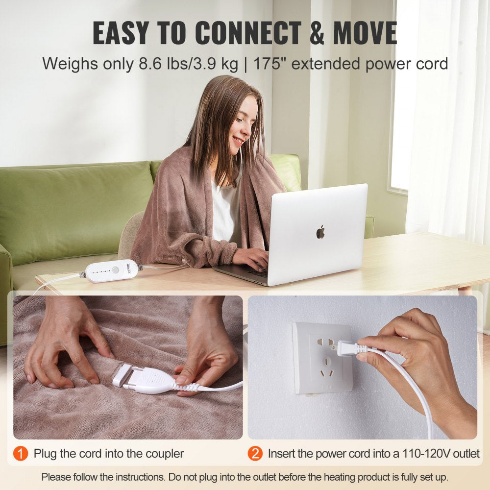 VEVOR Heated Blanket Electric Throw, 100" x 90" King Size, Soft Flannel Heating Blanket with 10 Hours Timer Auto-off & 5 Heating Levels, Dual Control, Machine Washable, ETL & FCC Certification (Beige)