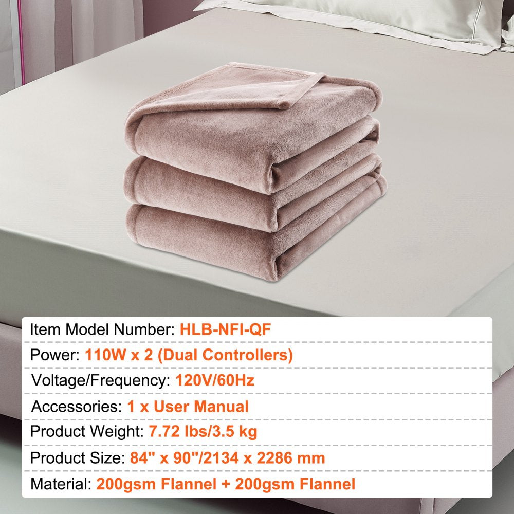 VEVOR Heated Blanket Electric Throw, 84" x 90" Queen Size, Soft Flannel Heating Blanket with 10 Hours Timer Auto-off & 5 Heating Levels, Dual Control, Machine Washable, ETL & FCC Certification (Beige)