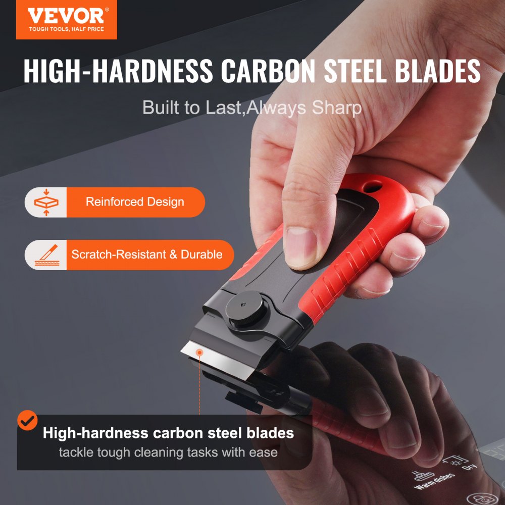 VEVOR Razor Blade Scraper, 15 Extra Blades, Locking Scraper Tool with Security Cap, Carbon Steel and POM Blades, for Cleaning Labels, Stickers, Decals, Paint from Glass Window Stovetop Cooktop Oven