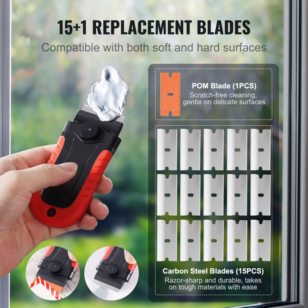 VEVOR Razor Blade Scraper, 15 Extra Blades, Locking Scraper Tool with Security Cap, Carbon Steel and POM Blades, for Cleaning Labels, Stickers, Decals, Paint from Glass Window Stovetop Cooktop Oven