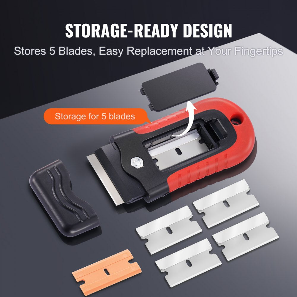 VEVOR Razor Blade Scraper, 15 Extra Blades, Locking Scraper Tool with Security Cap, Carbon Steel and POM Blades, for Cleaning Labels, Stickers, Decals, Paint from Glass Window Stovetop Cooktop Oven