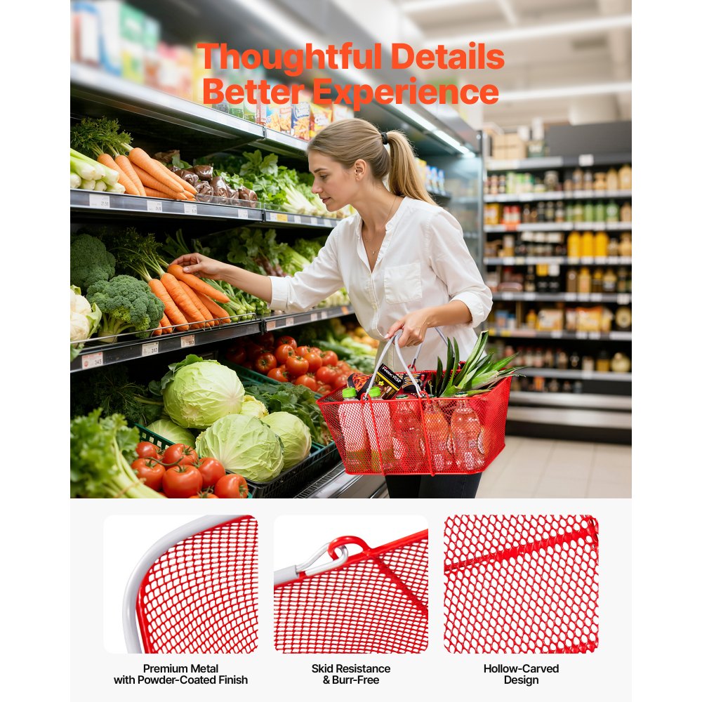 VEVOR Shopping Baskets, 12 PCS, 22L Stackable Metal Grocery Baskets with Handles, Dense Mesh Structure, Holds up to 44 lbs, Portable for Grocery, Retail, Stores, Supermarket, Bookstore, Home Use, Red