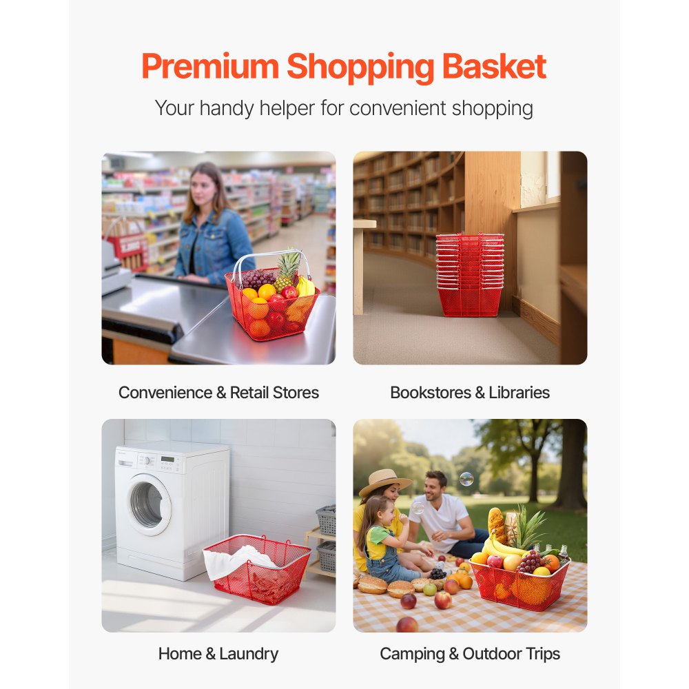 VEVOR Shopping Baskets, 12 PCS, 22L Stackable Metal Grocery Baskets with Handles, Dense Mesh Structure, Holds up to 44 lbs, Portable for Grocery, Retail, Stores, Supermarket, Bookstore, Home Use, Red