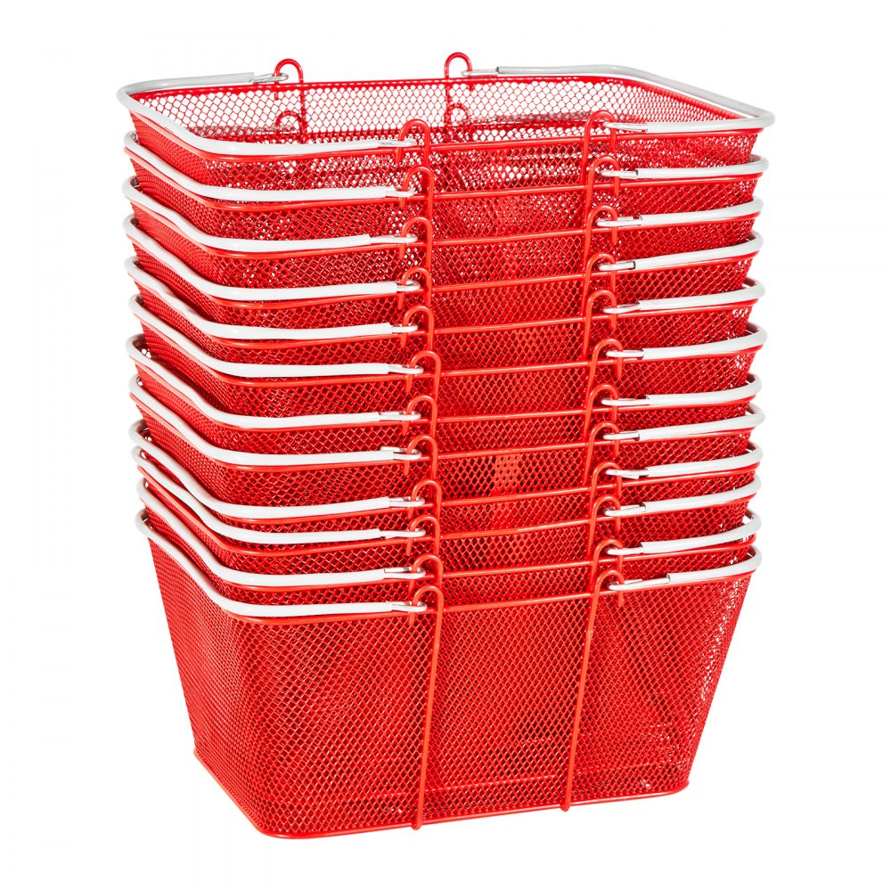 VEVOR Shopping Baskets, 12 PCS, 22L Stackable Metal Grocery Baskets with Handles, Dense Mesh Structure, Holds up to 44 lbs, Portable for Grocery, Retail, Stores, Supermarket, Bookstore, Home Use, Red