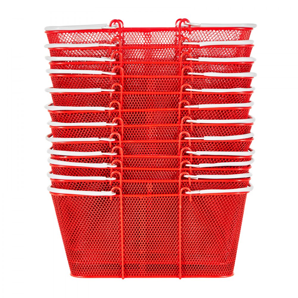 VEVOR Shopping Baskets, 12 PCS, 22L Stackable Metal Grocery Baskets with Handles, Dense Mesh Structure, Holds up to 44 lbs, Portable for Grocery, Retail, Stores, Supermarket, Bookstore, Home Use, Red