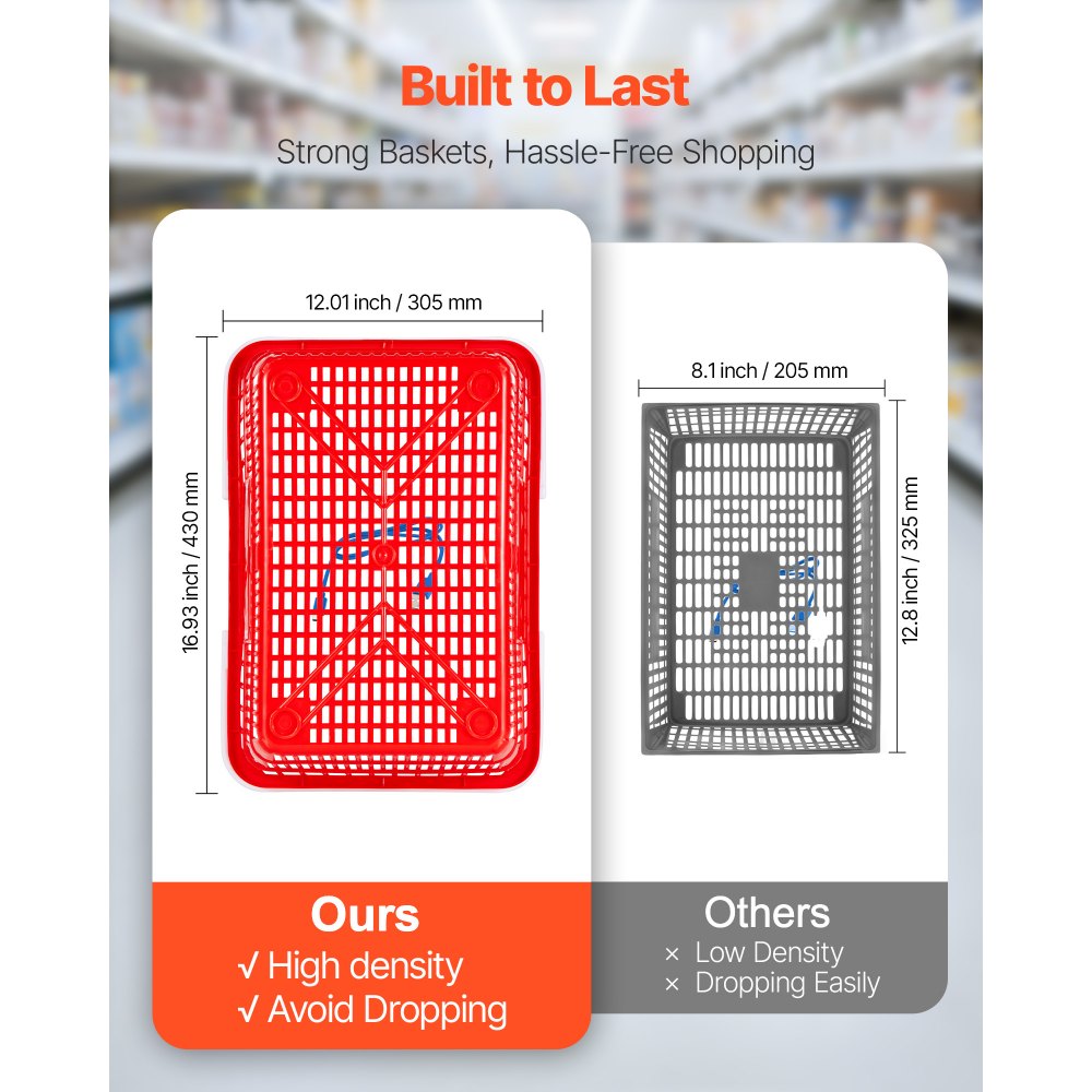 VEVOR Shopping Baskets, 20 PCS, 21L Stackable PE Plastic Grocery Baskets with Handles, Dense Mesh Structure, Holds up to 20 lbs, Portable for Grocery, Retail, Stores, Supermarket, Home Use, Red