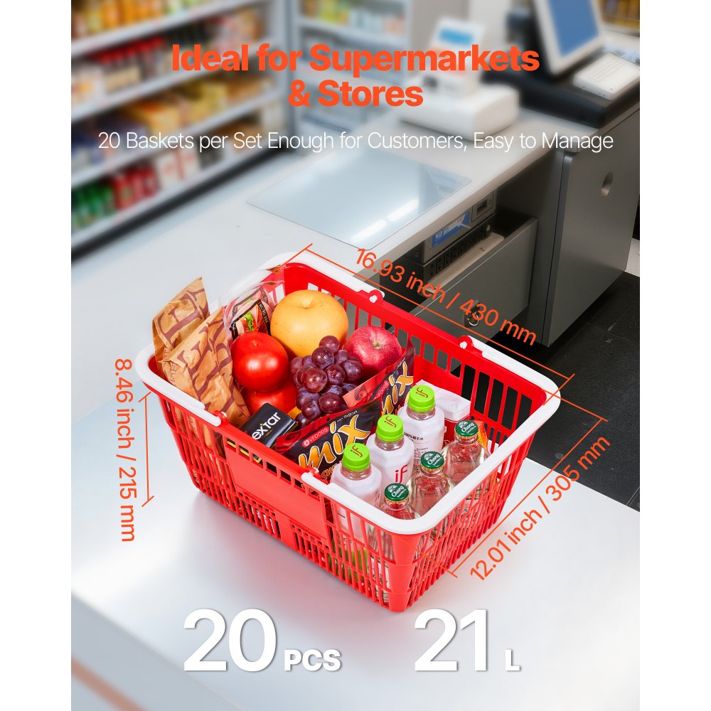 VEVOR Shopping Baskets, 20 PCS, 21L Stackable PE Plastic Grocery Baskets with Handles, Dense Mesh Structure, Holds up to 20 lbs, Portable for Grocery, Retail, Stores, Supermarket, Home Use, Red