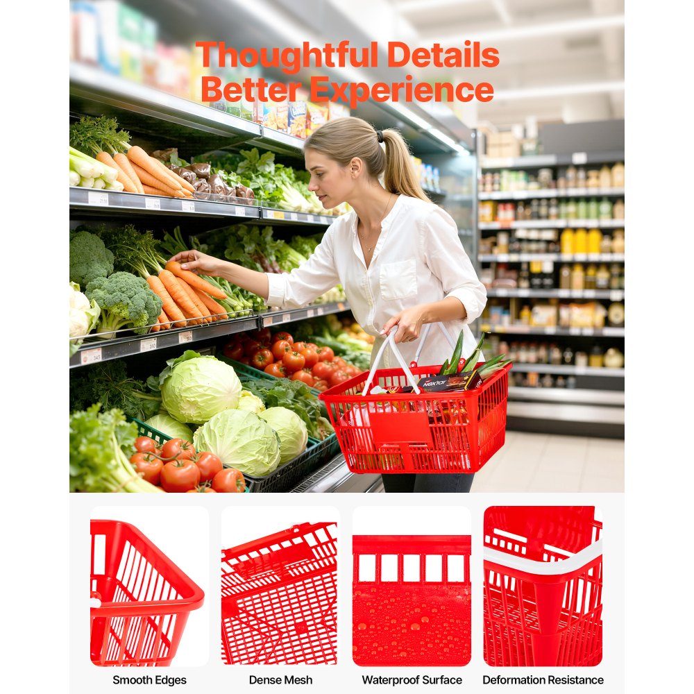 VEVOR Shopping Baskets, 20 PCS, 21L Stackable PE Plastic Grocery Baskets with Handles, Dense Mesh Structure, Holds up to 20 lbs, Portable for Grocery, Retail, Stores, Supermarket, Home Use, Red