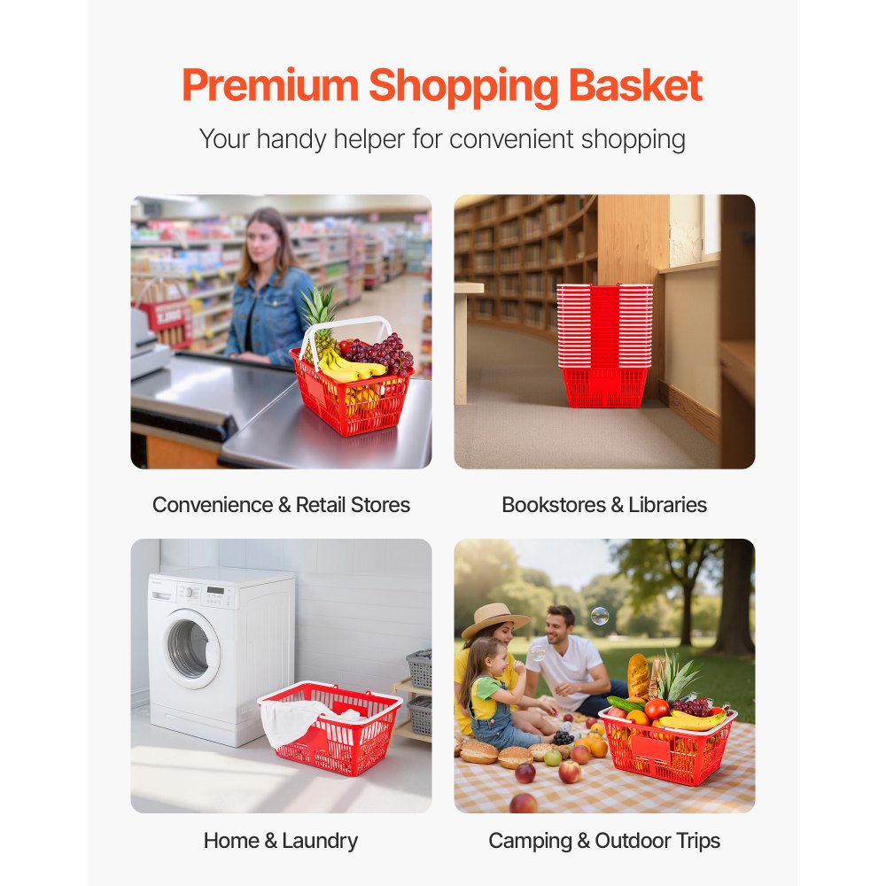 VEVOR Shopping Baskets, 20 PCS, 21L Stackable PE Plastic Grocery Baskets with Handles, Dense Mesh Structure, Holds up to 20 lbs, Portable for Grocery, Retail, Stores, Supermarket, Home Use, Red