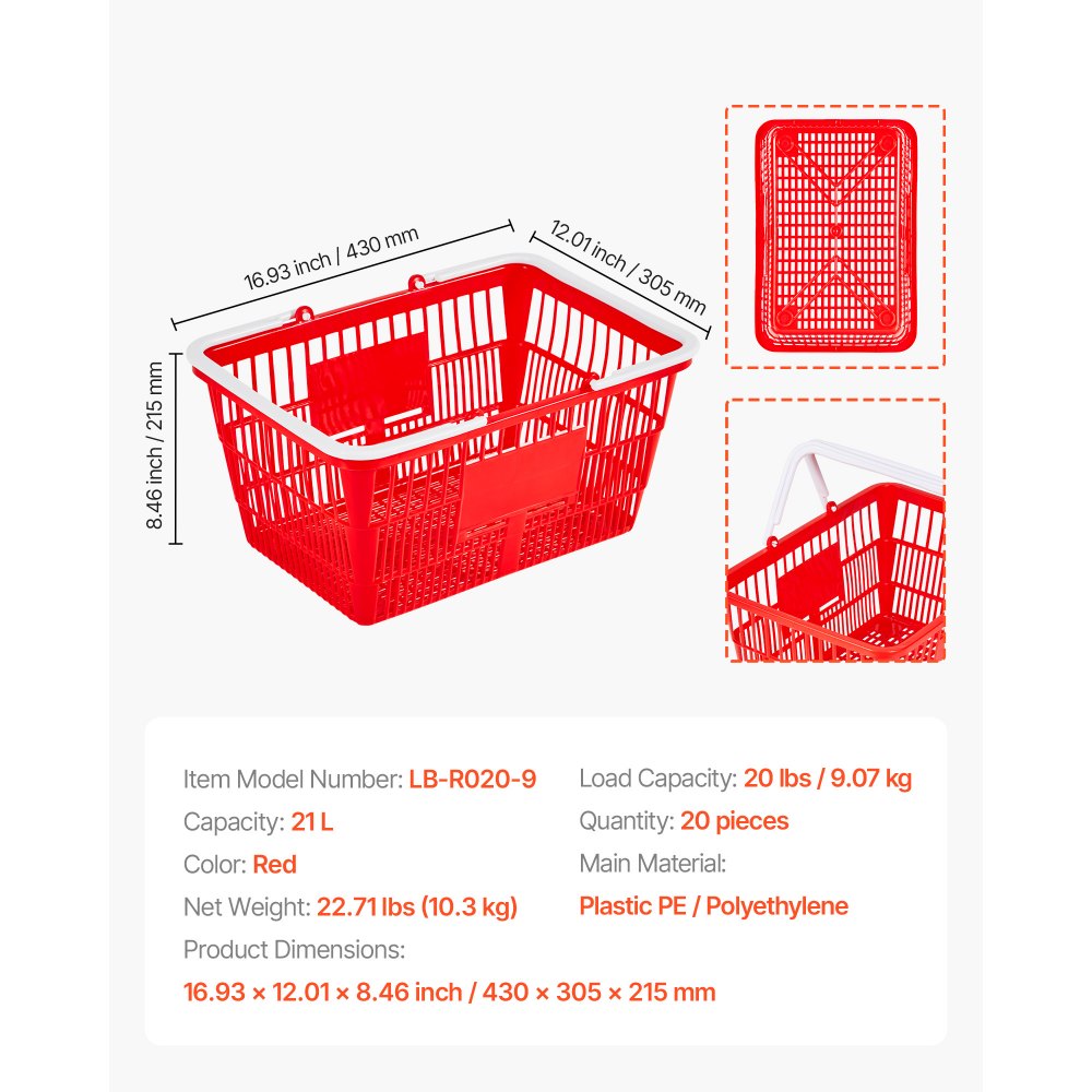 VEVOR Shopping Baskets, 20 PCS, 21L Stackable PE Plastic Grocery Baskets with Handles, Dense Mesh Structure, Holds up to 20 lbs, Portable for Grocery, Retail, Stores, Supermarket, Home Use, Red