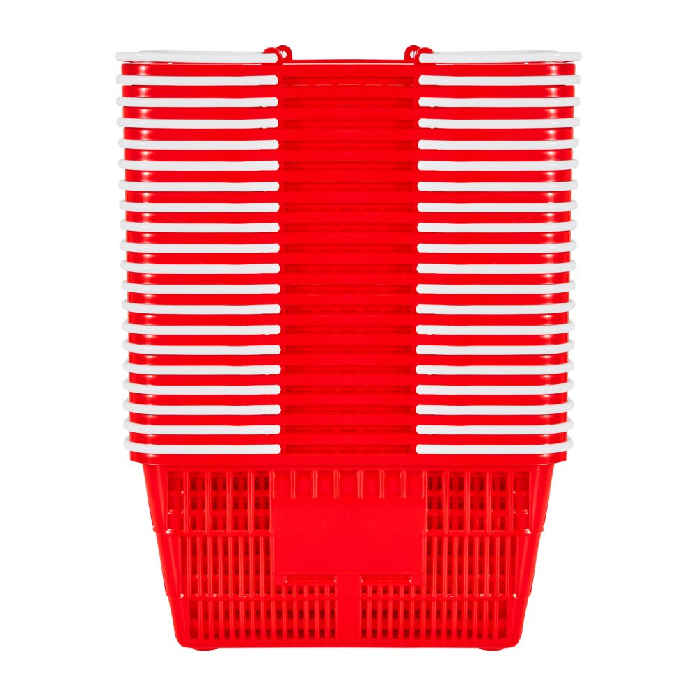 VEVOR Shopping Baskets, 20 PCS, 21L Stackable PE Plastic Grocery Baskets with Handles, Dense Mesh Structure, Holds up to 20 lbs, Portable for Grocery, Retail, Stores, Supermarket, Home Use, Red
