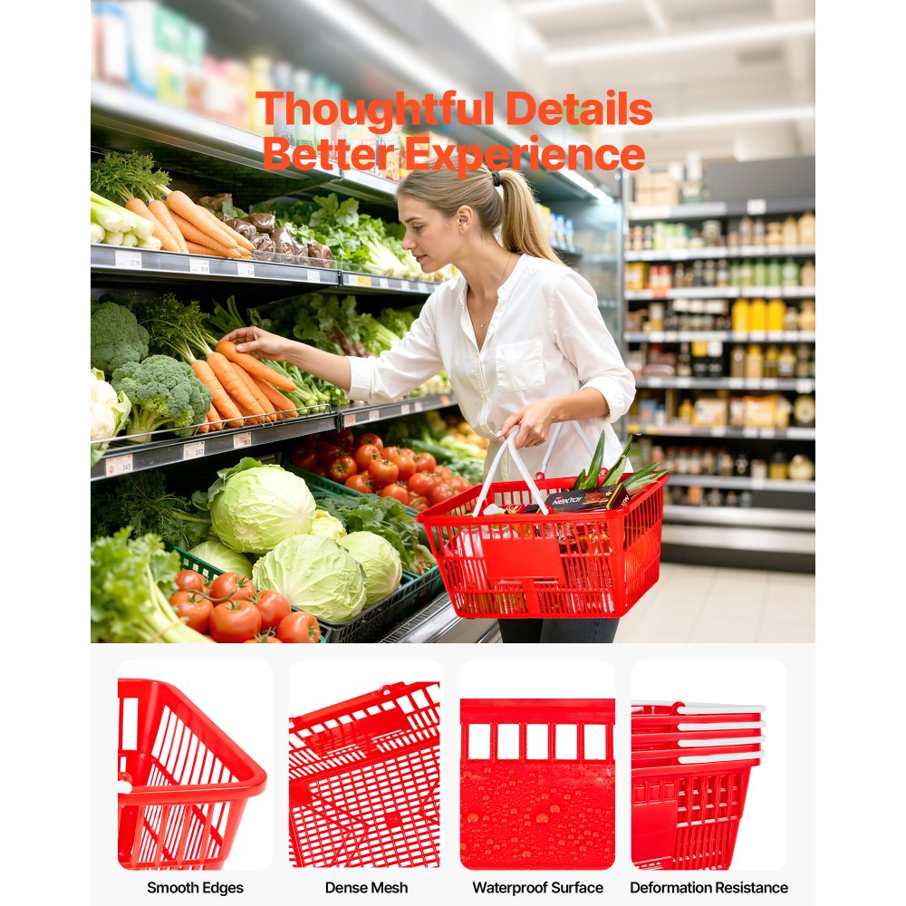 VEVOR Shopping Baskets, 4 PCS, 21L Stackable PE Plastic Grocery Baskets with Handles, Dense Mesh Structure, Holds up to 20 lbs, Portable for Grocery, Retail, Stores, Supermarket, Home Use, Red