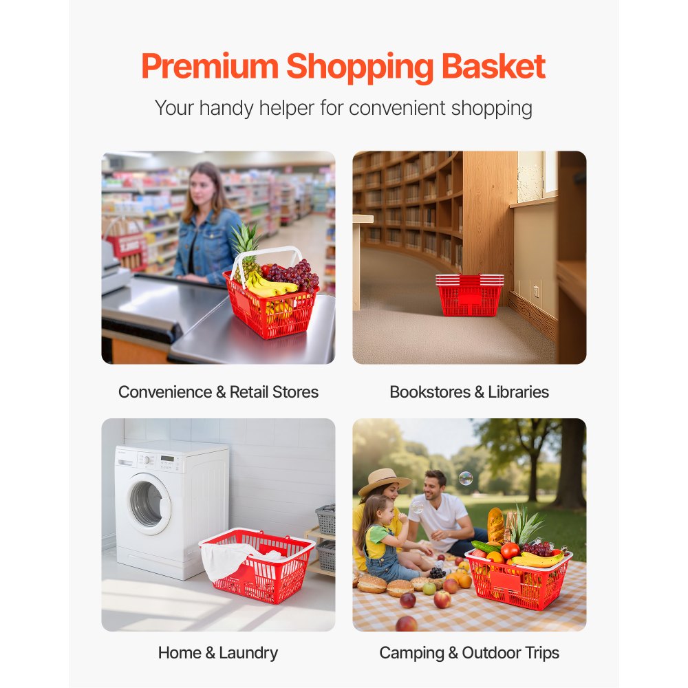 VEVOR Shopping Baskets, 4 PCS, 21L Stackable PE Plastic Grocery Baskets with Handles, Dense Mesh Structure, Holds up to 20 lbs, Portable for Grocery, Retail, Stores, Supermarket, Home Use, Red