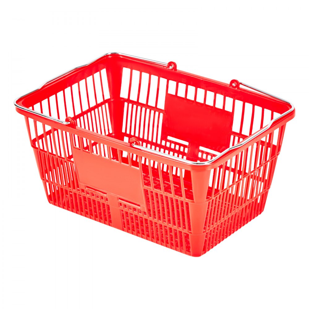 VEVOR Shopping Baskets, 12 PCS, 21L Stackable PE Plastic Grocery Baskets with Metal Handles, Dense Mesh Structure, Holds up to 20 lbs, Portable for Grocery, Retail, Stores, Supermarket, Home Use, Red