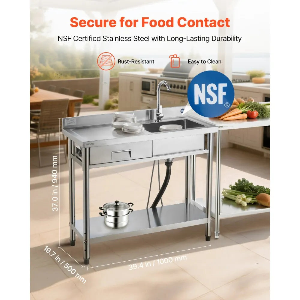 VEVOR utility sink showing NSF certified stainless steel and overall size callouts