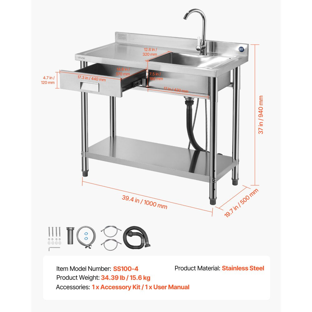 VEVOR utility sink dimension diagram (39.4 x 19.7 x 37 in) with listed model SS100-4, weight, material, and accessories
