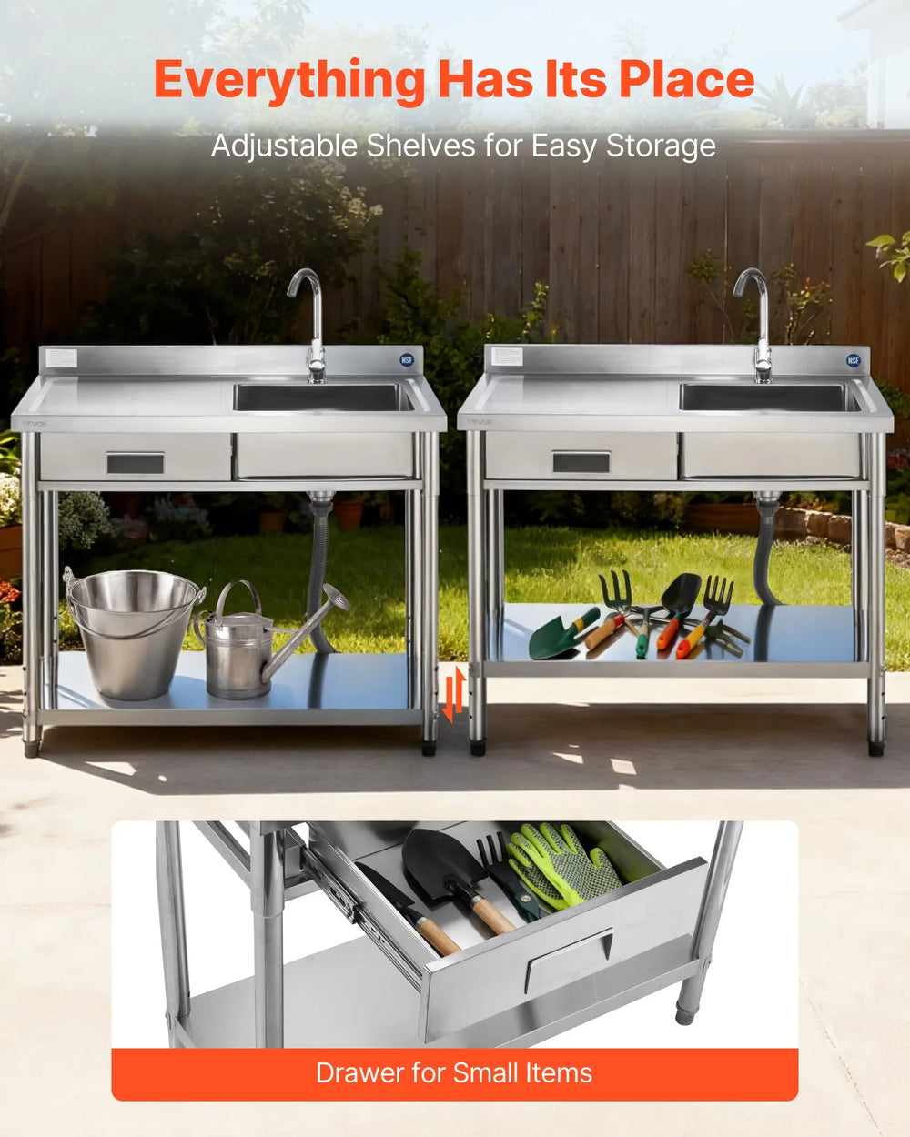 VEVOR utility sink highlighting adjustable shelf storage and drawer for small items