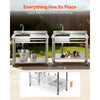 VEVOR utility sink infographic showing adjustable shelf storage use