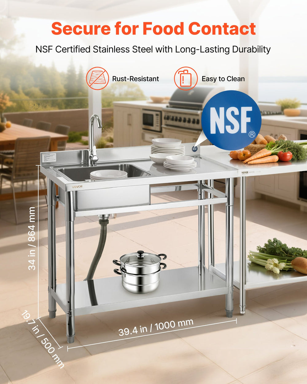 VEVOR stainless steel utility sink infographic showing NSF certified stainless steel and overall dimensions