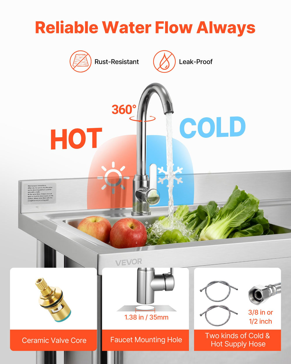 VEVOR utility sink faucet infographic showing 360 degree rotation and hot/cold inlets